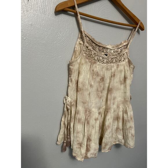 Black Tape Tank Cream Tan Crochet Neck Side Tie Sleeveless Babydoll Top Small - Picture 4 of 11